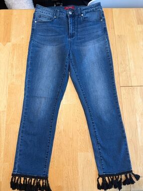 Guess Dark Blue cropped ankle Denim with Black Fringe Hem